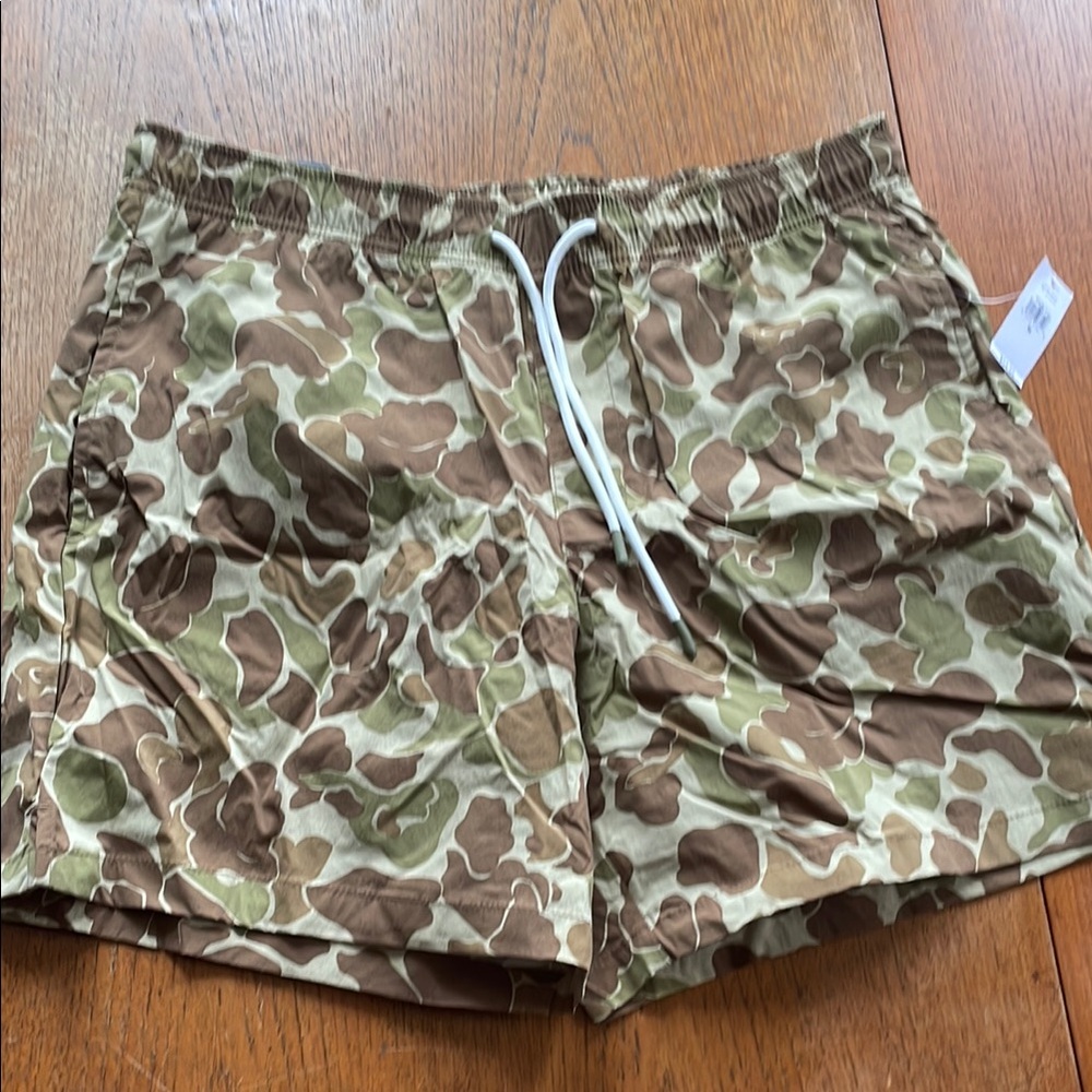 Green and Brown Camouflage Swim Trunks with Adjustable Waist